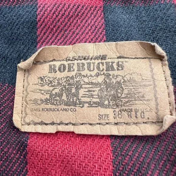 Vintage 1980s Denim Jacket with Red and Black Plaid Lining, Roebucks Size Medium